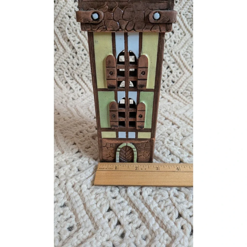 Vintage Lithuanian Handmade Clay Tower Tea Light‎ Candle Holder Village House